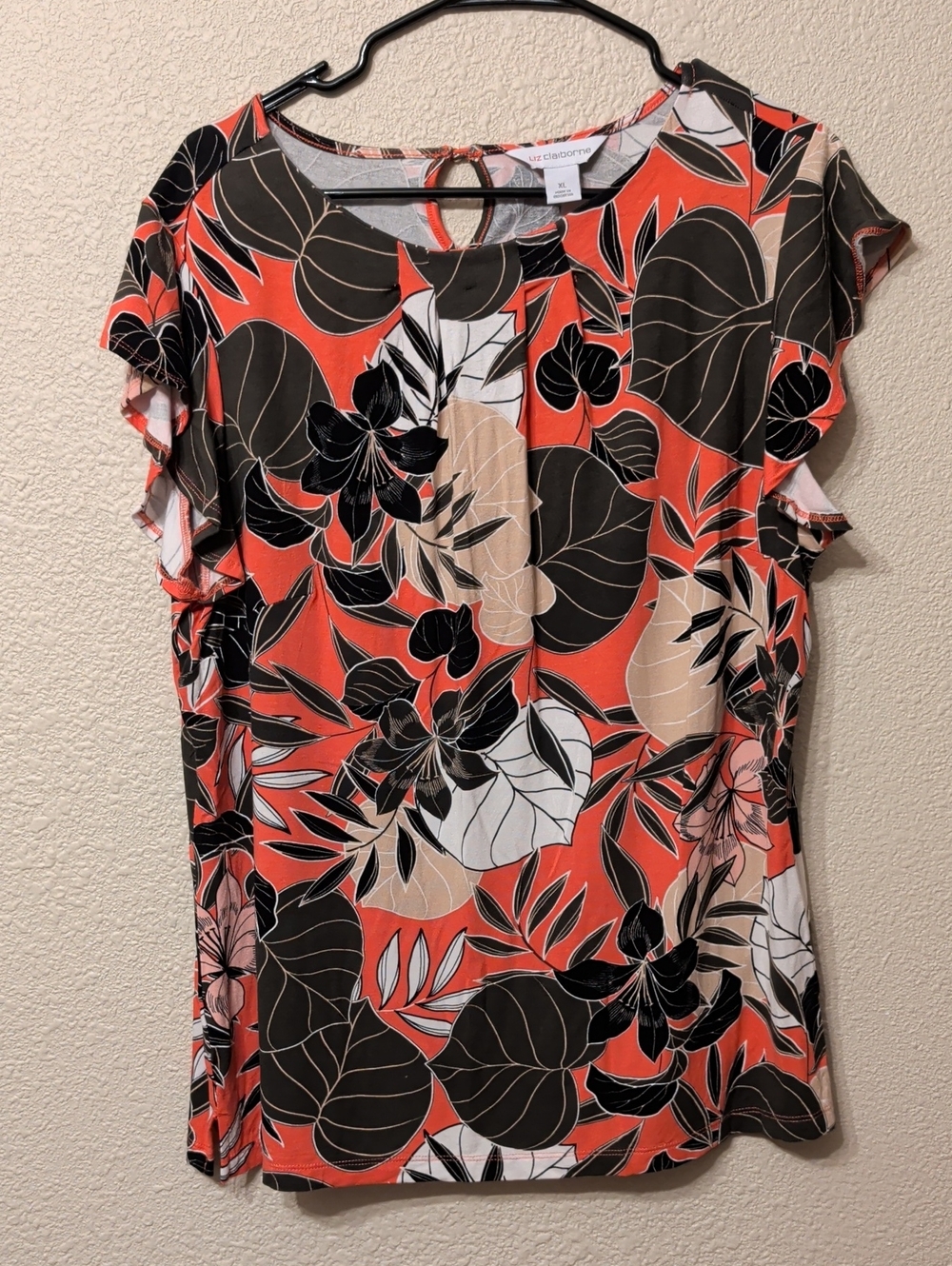 Liz Claiborne Coral Black Cream Floral Flutter-Sleeve Top